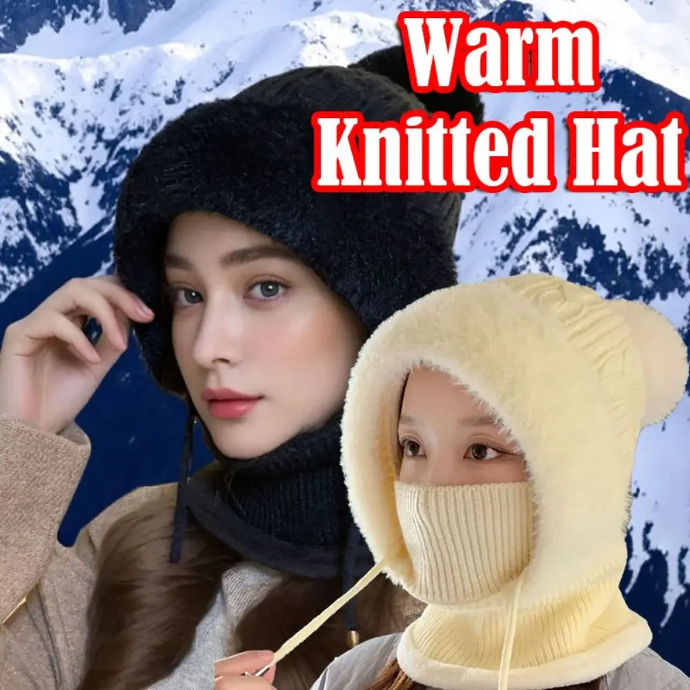 

New Knitted Hat Warm Solid Color Beanie Cap Ears Protection Balaclava Hat for Ski Cycling
