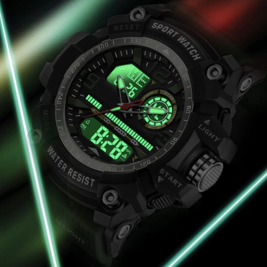 ساعة رياضية عالمية مزدوجة 2100 للرجال والنساء، شاشة LED مزدوجة، وظيفة كاملة، توقيت عالمي LED