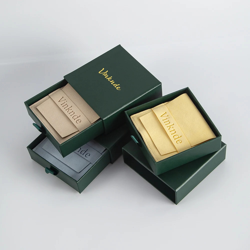 Custom Luxury Popular Green Paper Box Jewellery Gift Packaging Boxes Pouches Necklace Ring Drawer Slide Box with Microfiber Bags