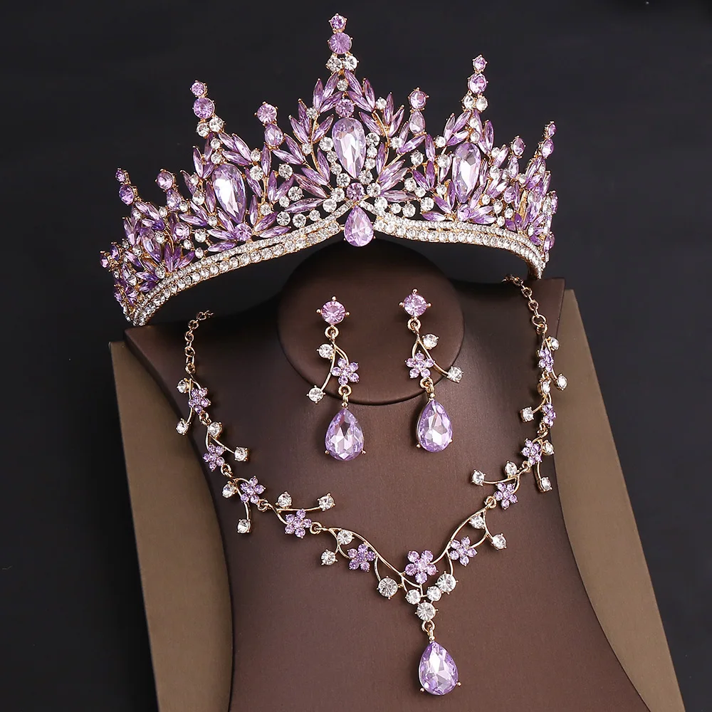 KMVEXO Luxury Colorful Crystal Water Drop Bridal Jewelry Sets Rhinestone Tiara Crown Necklace Earrings Wedding Dubai Jewelry Set