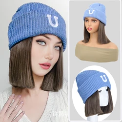 Synthetic 18inch hat wig all-in-one fashion autumn and winter bear knit hat clavicle hair versatile internet celebrity wig cap