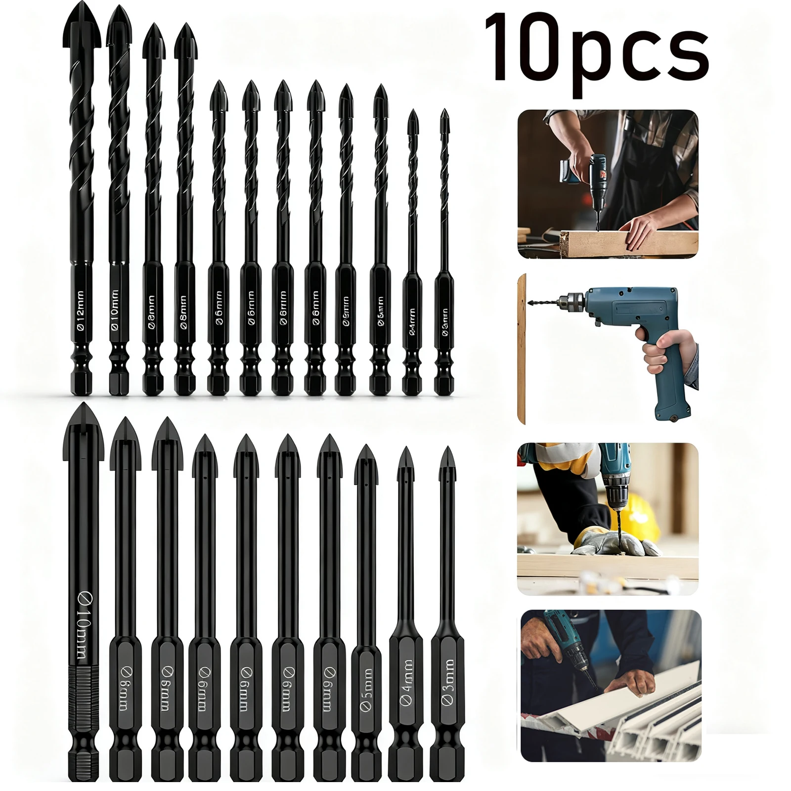

12/10/7 шт., набор сверл для каменной кладки, инструменты для сверления с наконечником из карбида вольфрама, 3/4/5/6/8/12 мм, сверло для плитки, стекла, керамики