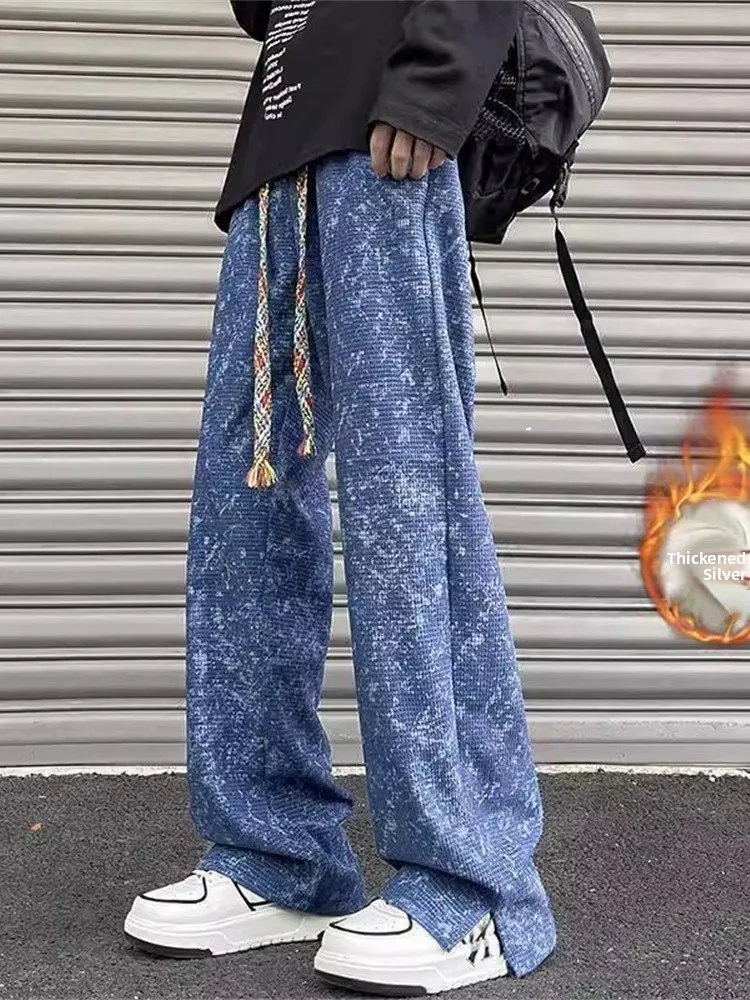 

Silver Fur Men's Winter Thiened Fce Casual Loose Straight Leg Pants Elastic Waist Long Trousers Faionable Youth Sle