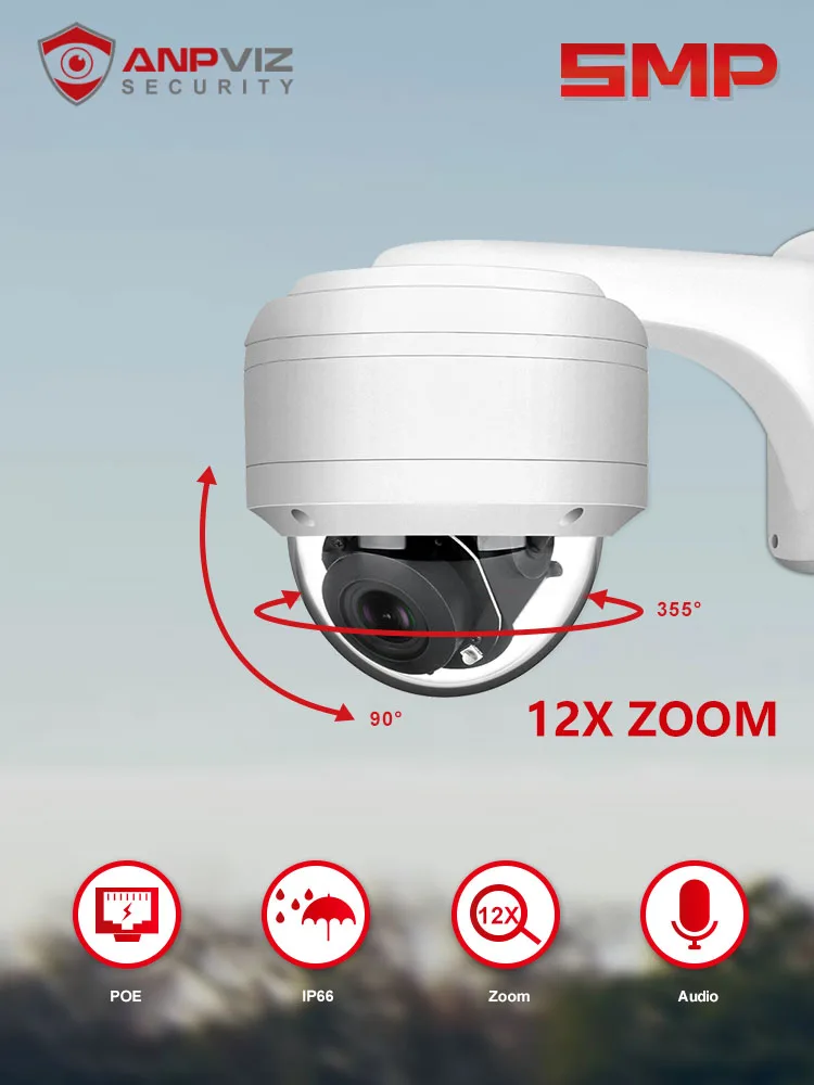 Anpviz 5mp 12x Zoom Poe Ip Ptz Camera H.265 Ingebouwde Microfoon Audio Buitenbeveiligingscamera Ir 30M Danale Security Protectio - afbeelding 2