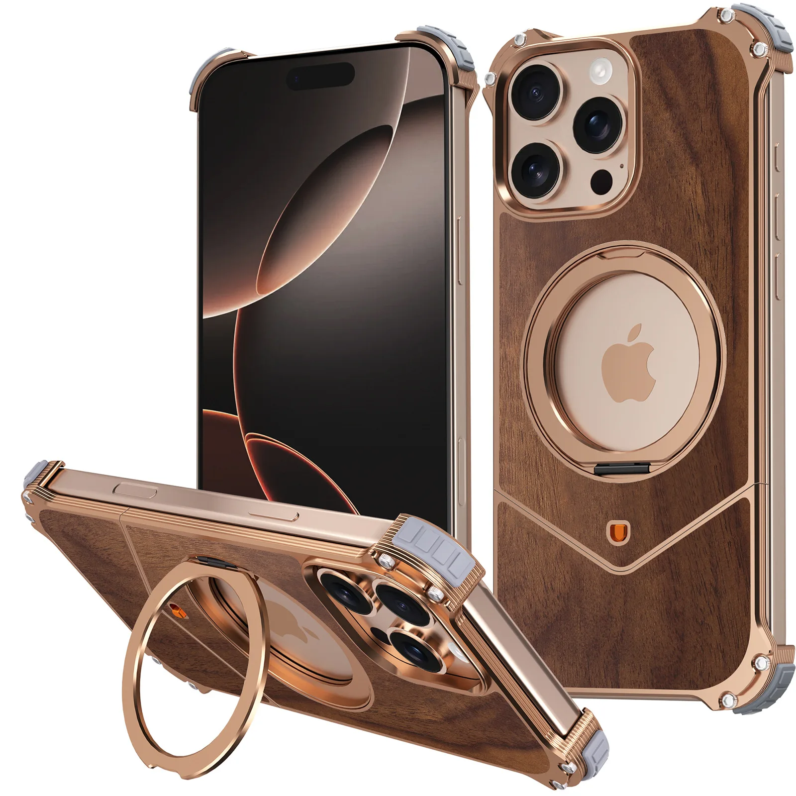 

Solid Wood for iPhone 16 15 Pro Max Phone Case,360° Rotatable Magnetic Ring Kickstand,Ultra Thin Full Body Drop Shockproof