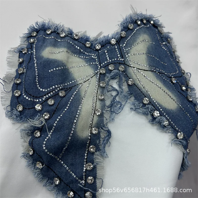 New Spring Summer Loose Women Two-piece Set Embroidery Butterfly White Short Sleeve T-shirt + Casual Wide Leg Straight Jeans view 2