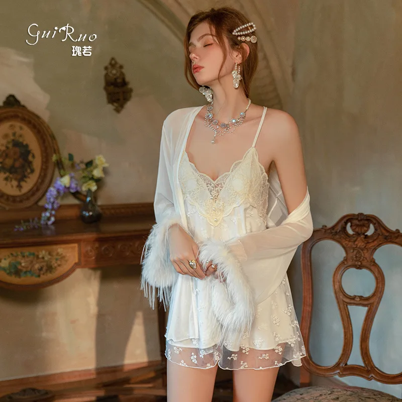 Sexy Lingerie Deep V Backless Lace Mesh Sheer Padded Sleepwear Babydoll Robe Set Women Homewear Loungewear Hot