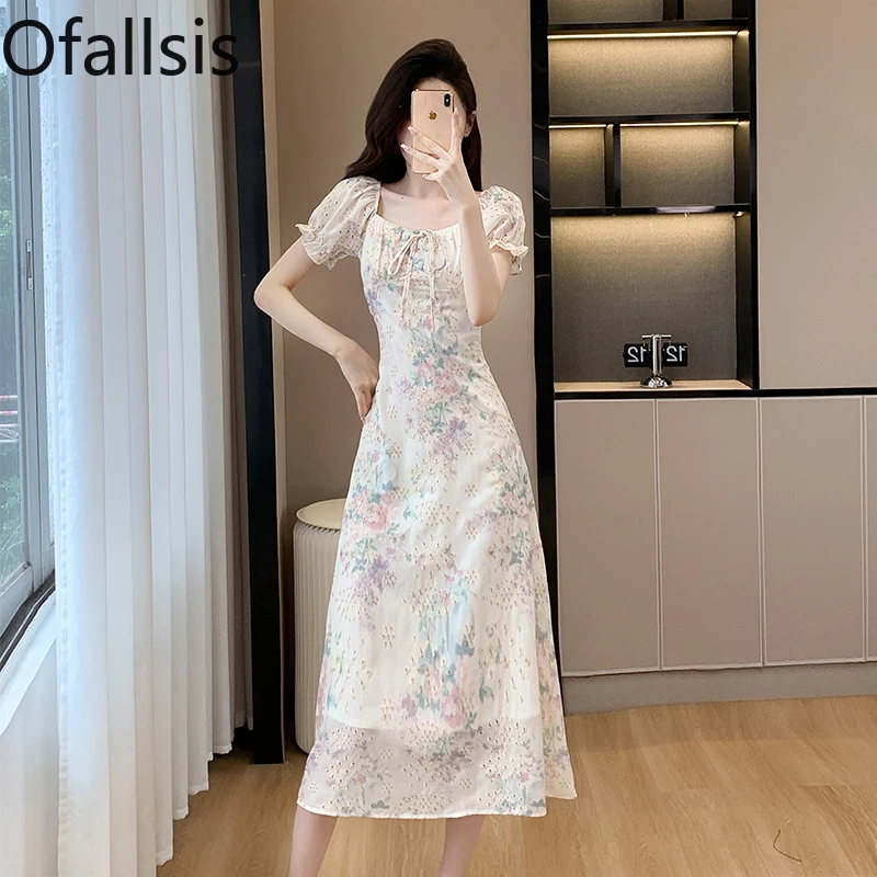 Ofallsis High End French Sweet Temperament Square Neck Embroidered Floral Short Sleeved Dress 2024 Summer New Style Long Dresses