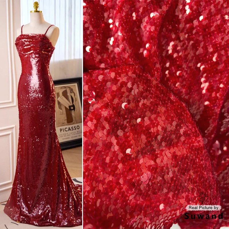 

Red Burgundy Sequin Fabric Sparkle Sequined Lace Mesh Material for Dresses, Party Decor, Curtains,Backdrops,Draperies Material