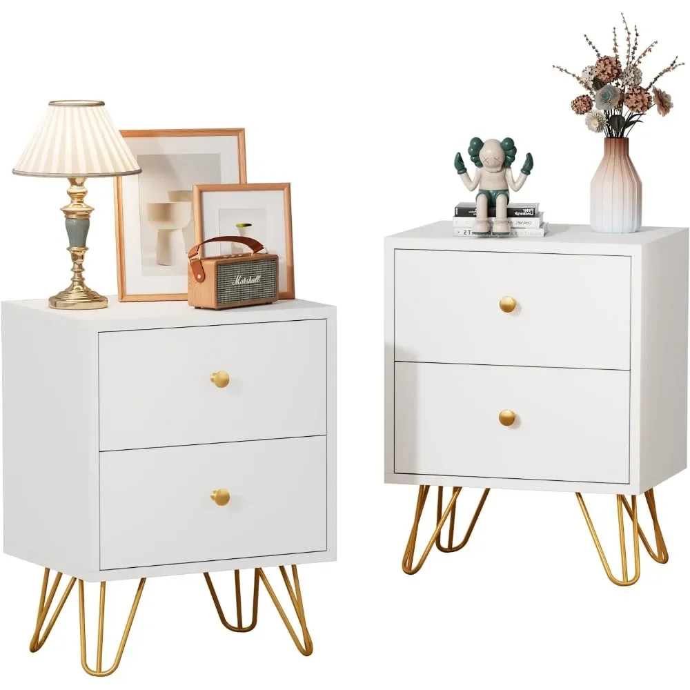 White Nightstand Set of 2, White and Gold Night Stand with 2 Drawers, Modern End Table with Metal Legs and Gold Handles