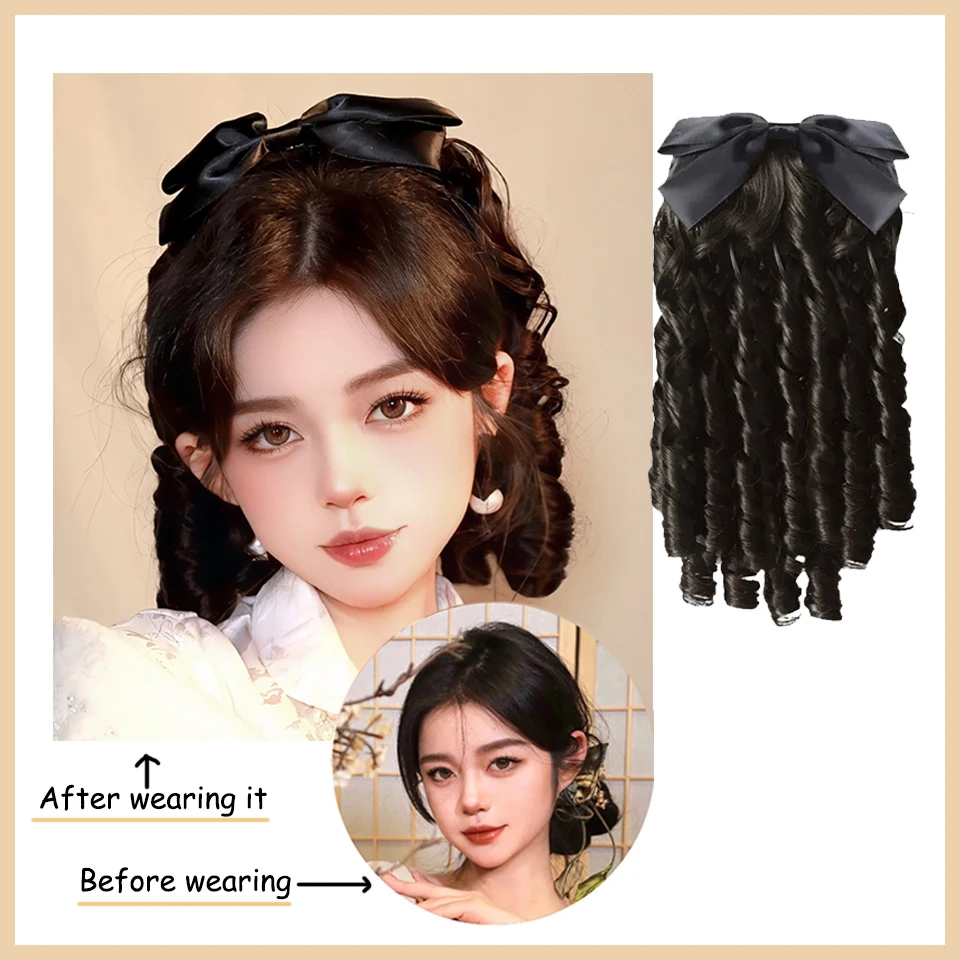 Wig sintetik model rambut Cheongsam Retro simulasi ekor kuda Tinggi Wanita Republik Tiongkok bubuk emas Roman Roll keluarga Xiuz