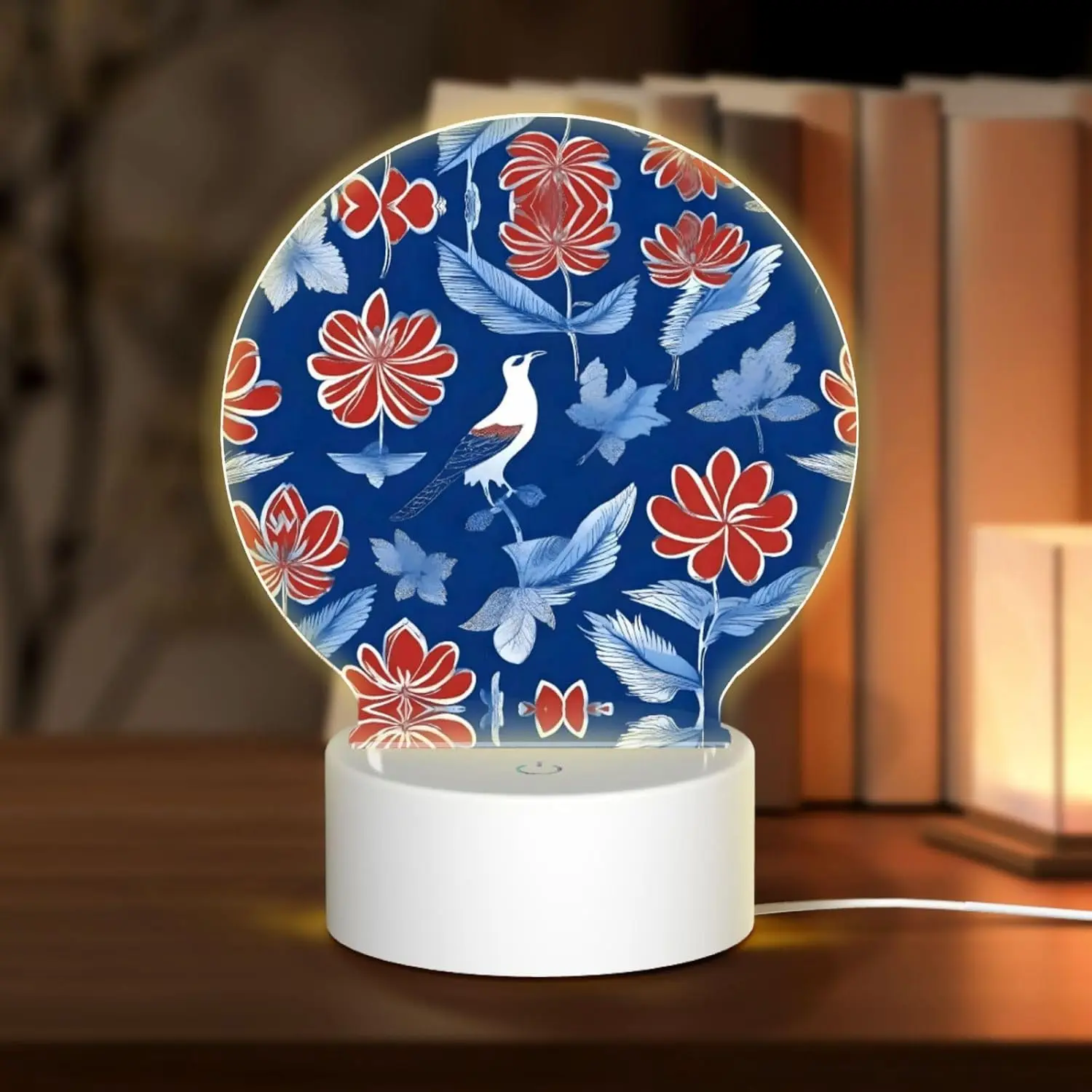 Retro Flower Bird Print Acrylic Nightlight Round Panel USB Powered Touch Control Desk Ambient Lamp Home Decor Gift