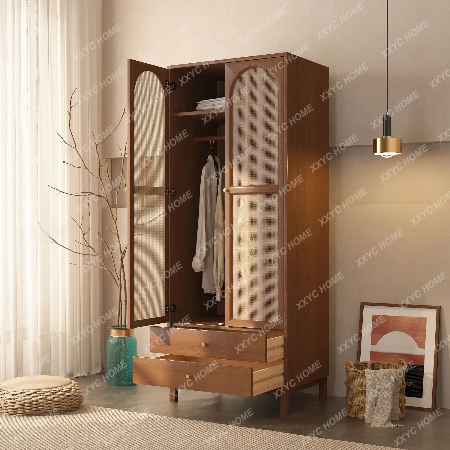 XX Solid Wood Rattan Wardrobe Japanese Retro Small Apartment Bedroom Home Locker Modern Simple Storage Wardrobe