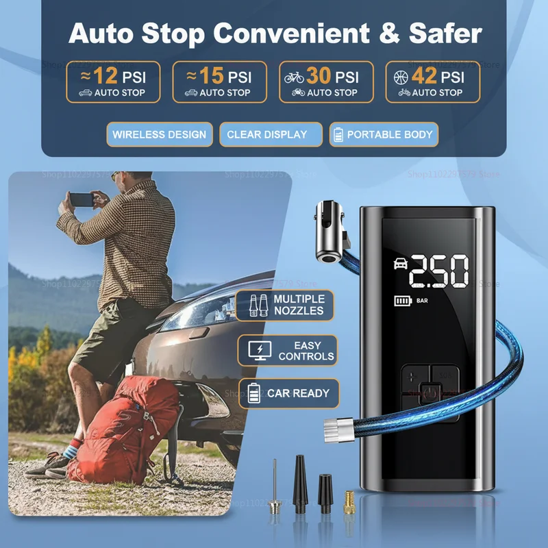 

Портативный автомобильный воздушный насос для накачивания шин с ЖК-дисплеем, компактный компрессор для мотоциклов, велосипедов и мячей, для путешествий и гаража