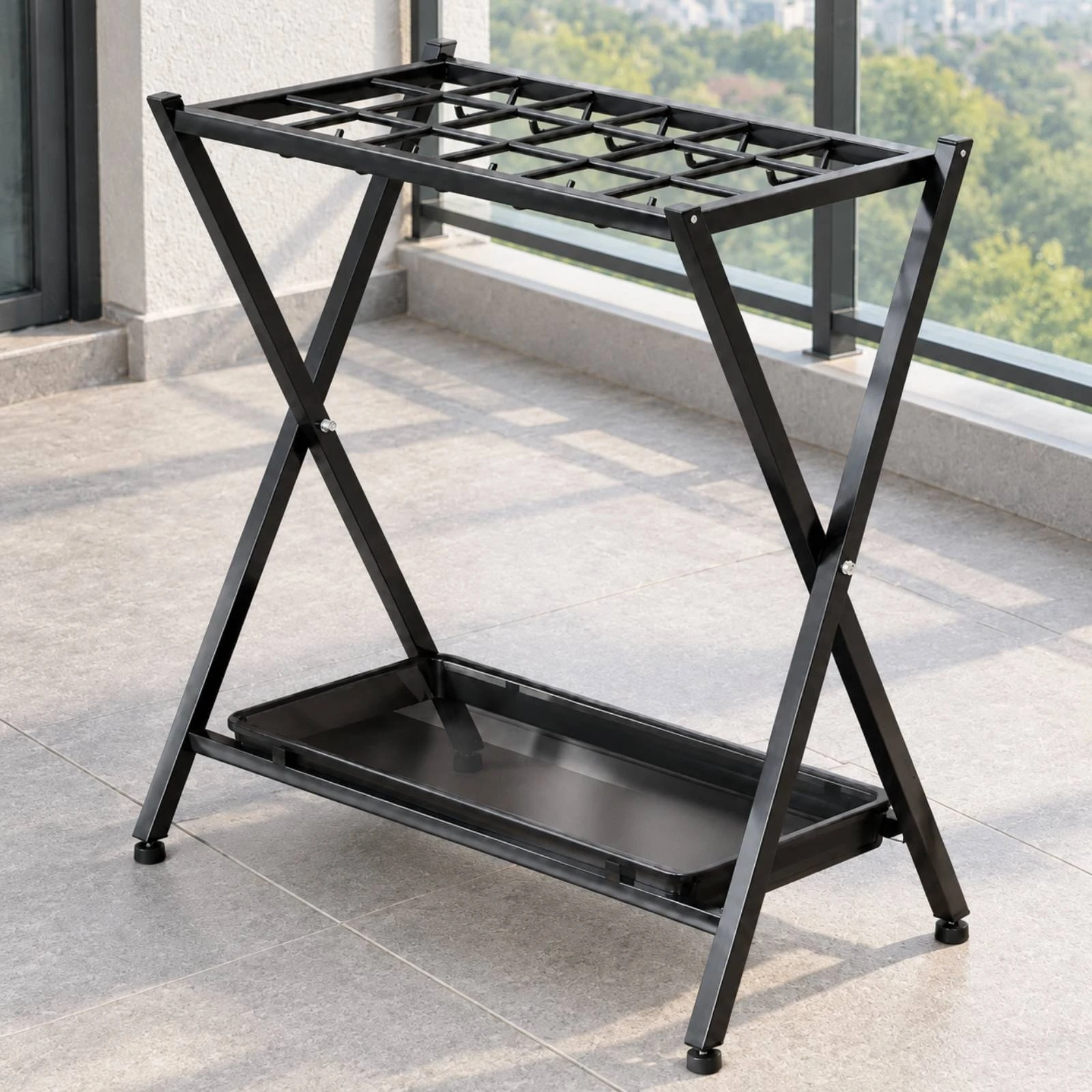 Ski Pole and Fishing Rod Organizer Rack Freestanding Long Equipment Display Rack with Hooks Compact for Entryway, Apartment