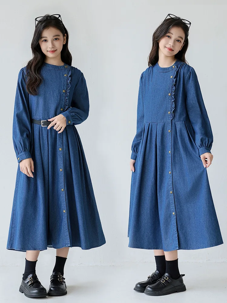 Girls' Long Sleeve Vintage Metal Buckle Denim Dress for Spring and Autumn2025New children's girls' dress