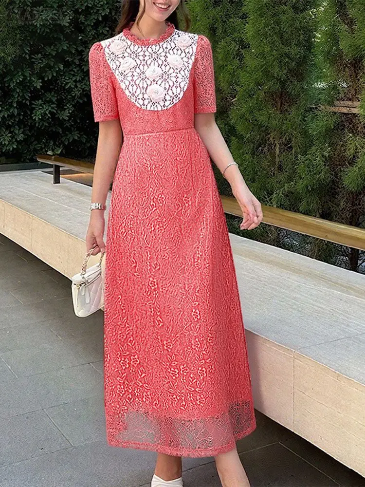 

Vintage Lace Pacthwork Dress Women Elegant Appliques Work Sundress ZANZEA 2025 A-Line Vestidos Casual Short Sleeve Long Robe