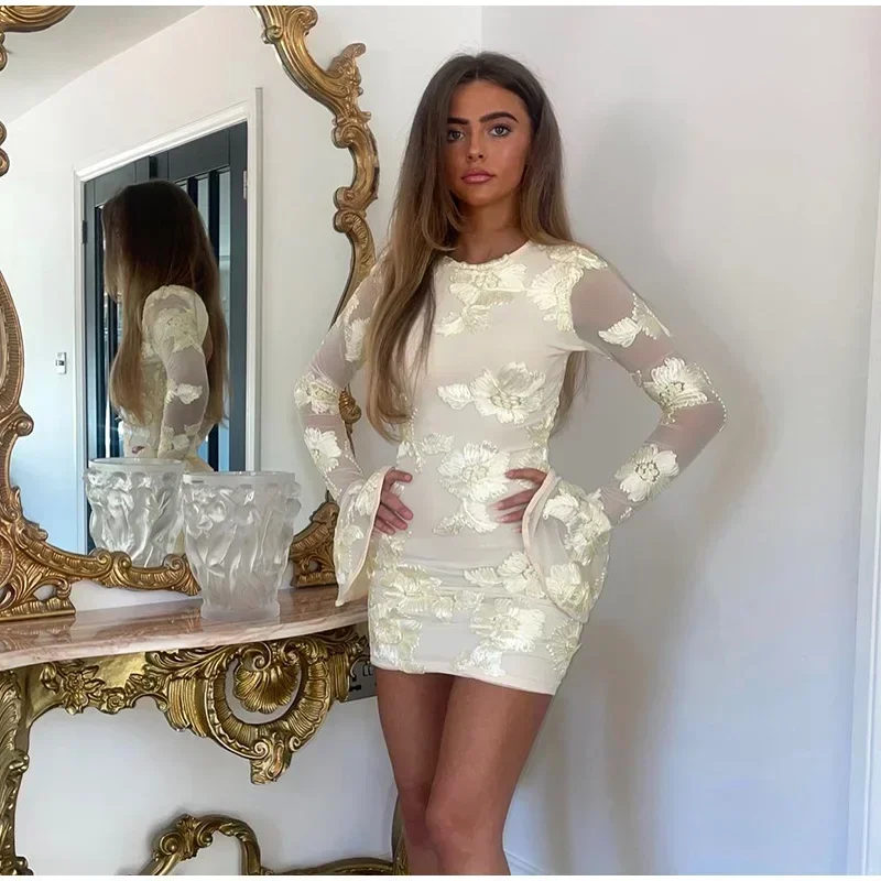

Embroidery 3d Flower Party Mini Dress Women Sexy Backless O-neck Flare Long Sleeve Hip Package Women Dresses 2025 Mesh Lady Robe