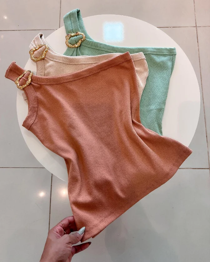

Women's Sexy Vest 2025 Spring Summer Latest Solid Color One Sholder Goldren Decor Casual Slim Fit Ribbed Top Versatile Sling