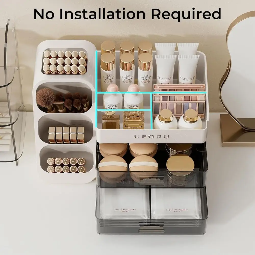 Makeup Organizer Countertop Vanity Bathroom | Large Capacity, Thickened Plastic, 2 Clear Drawers, Compact Size, Detachable Brush view 6