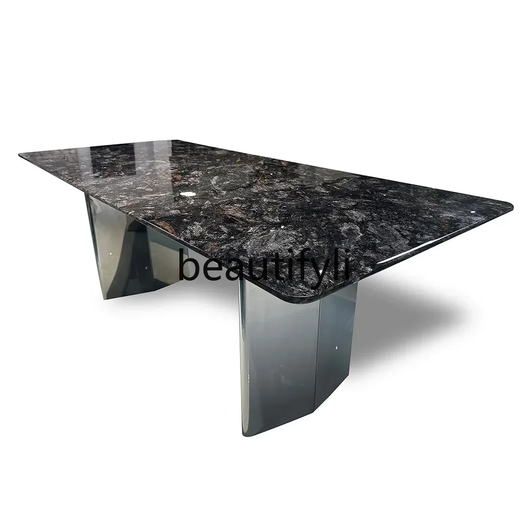 

Natural marble luxury stone platinum diamond rectangular dining table high-end Italian light luxury