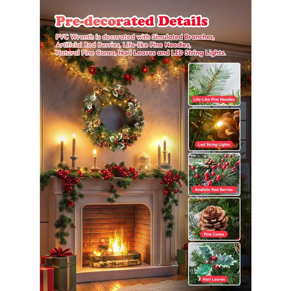 إكليل عيد الميلاد المضاء مسبقًا مقاس 24 بوصة - إكليل صنوبر LED يعمل بالبطارية مع التوت ومخاريط الصنوبر لديكور الباب والجدران #5