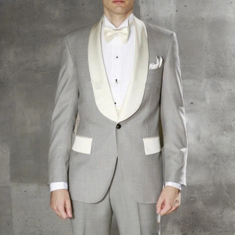 Costumes de mariage gris clair pour hommes avec revers châle ivoire, coupe couvertes, smoking, marié, meilleur homme, olympiques Terno, veste avec pantalon