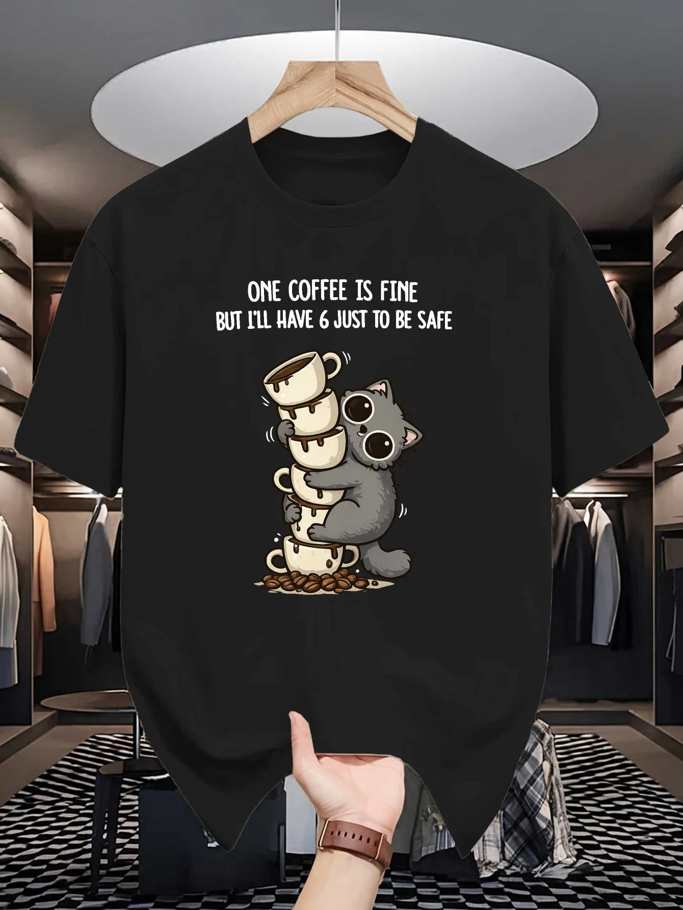 Funny Cat Stack Coffee Cups Print Mens Crew Neck T Shirt Coffee Lover Cartoon Graphic Short Sleeve Casual Cotton Daily Tops
