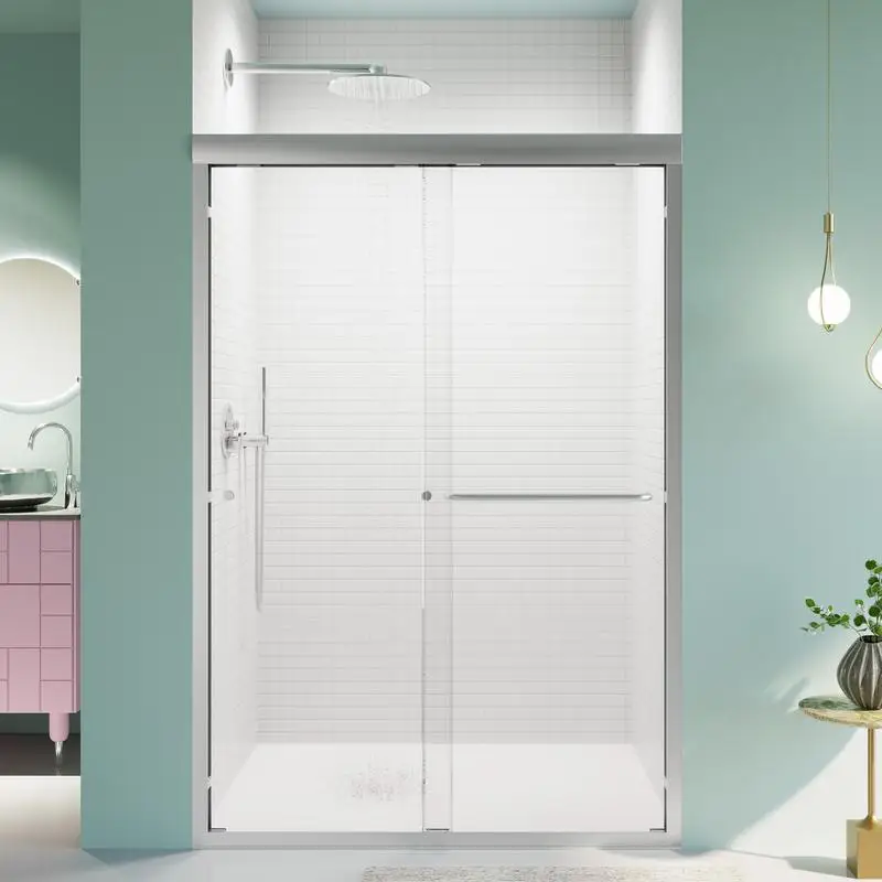 

44-48" W x 72" H Semi-Frameless Double Sliding Shower Door, Bypass Design, 1/4" (6mm) Thick Tempered Glass, Chrome Finish