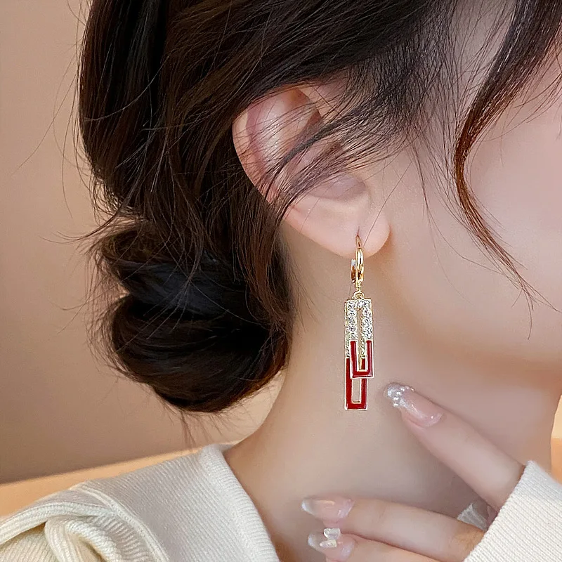 Personality Hollow Out Geometric Rhinestone Circle Hoop Earrings Lovely Red/White/Black Rectangle Crystal Round Buckle Earrings