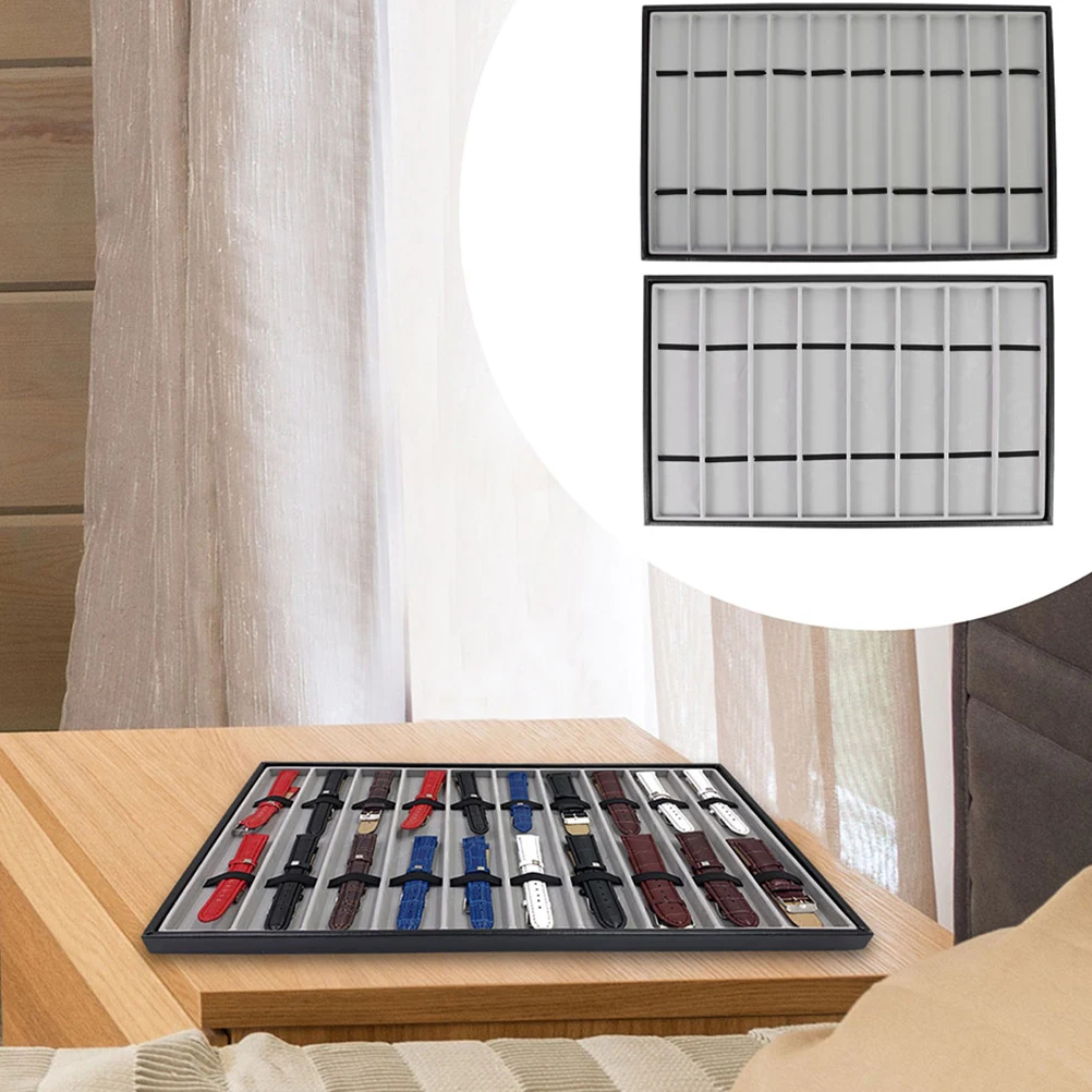 

2 pcs Watch Storage Tray Band Plate Black Edge Gray Velvet 10 Compartments Safe Material Home Use Display