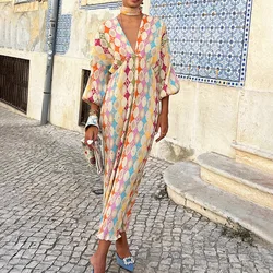 2024 Summer Women Geometric Patterns Print long Dress V-neck Puff Sleeve Loose Pleated Midi Dress Female Robes Plus Size S-3XL