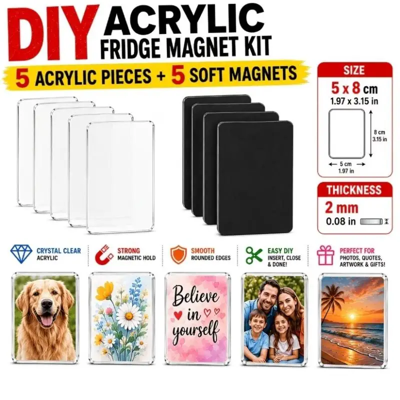 5Pcs Blank DIY Acrylic Fridge Magnet Clear Layer Strong Magnetic Backing For Home Decor Craft Photo Display
