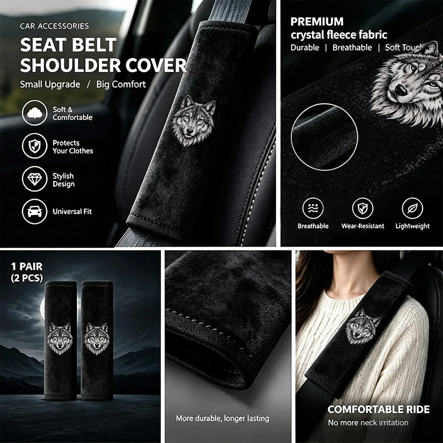 2pcs car seat belt cover, crystal velvet wolf head pattern shoulder guard, soft and comfortable, car interior accessories