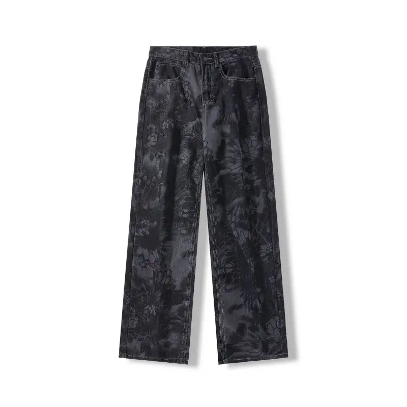 

Men's Jeans American Retro Vintage Snake Camouflage Canvas Loose Straight Leg Niche Trendy High Street Man Pants Streetwear