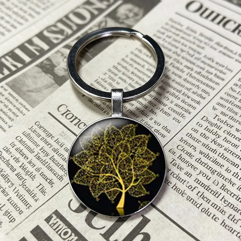 Brand New Whimsical Hand-Drawn Floral Tree Art Round Glass Key Holder Nature Pendant