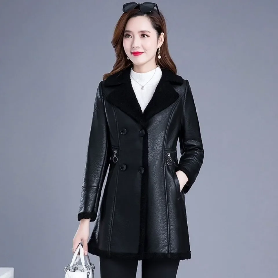 

Women Leather Jacket Women Leather Long Coat 2024 New Fashion Slim Plus Velvet PU Leather Jackets For Womens-3XL High Quality