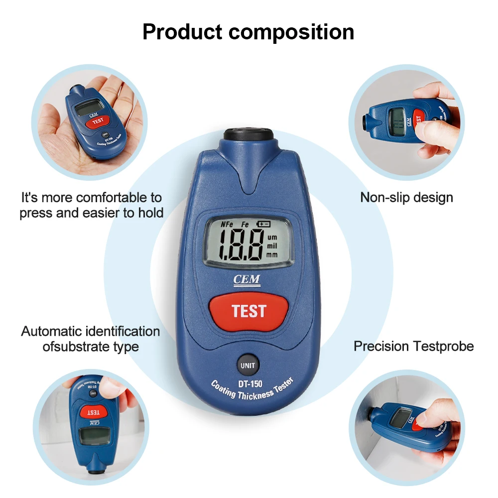 Cem-digital Paint Coating Espessura Tester Dt150 Medidor Espessura Metal Medição Atacado