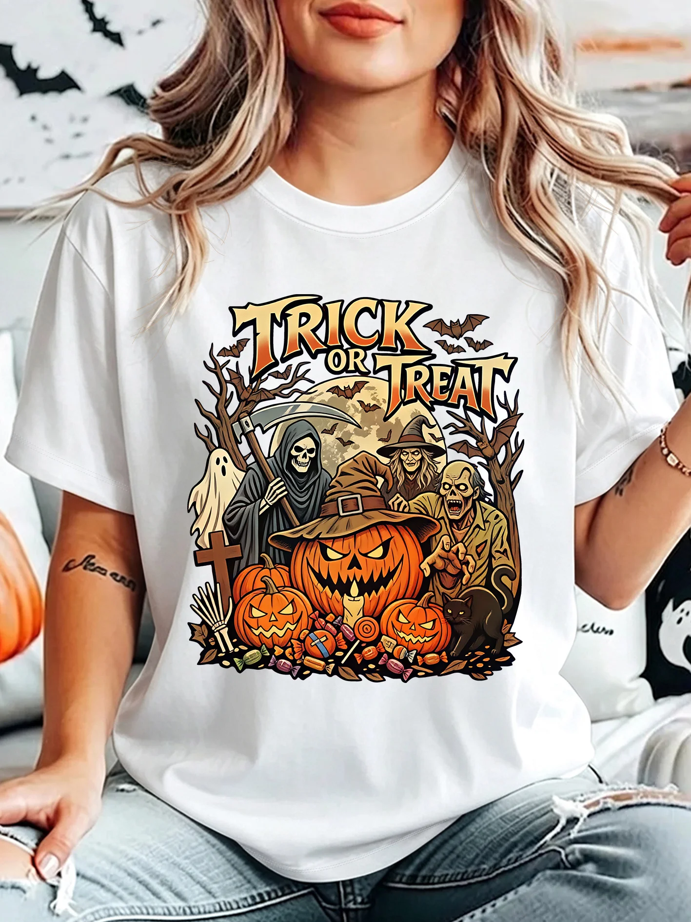 Trick Or Treat Halloween Skeleton Witch Zombie Womens Crew Neck Short Sleeve T Shirt Pumpkin Ghost Bat Graphic Tees For Ladies