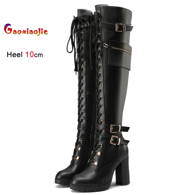 

Осенне-зимние черные женские рыцарские сапоги, сапоги выше колена со шнуровкой и пряжкой на ремне, длинные сапоги на массивном каблуке 10 см, туфли с круглой головкой