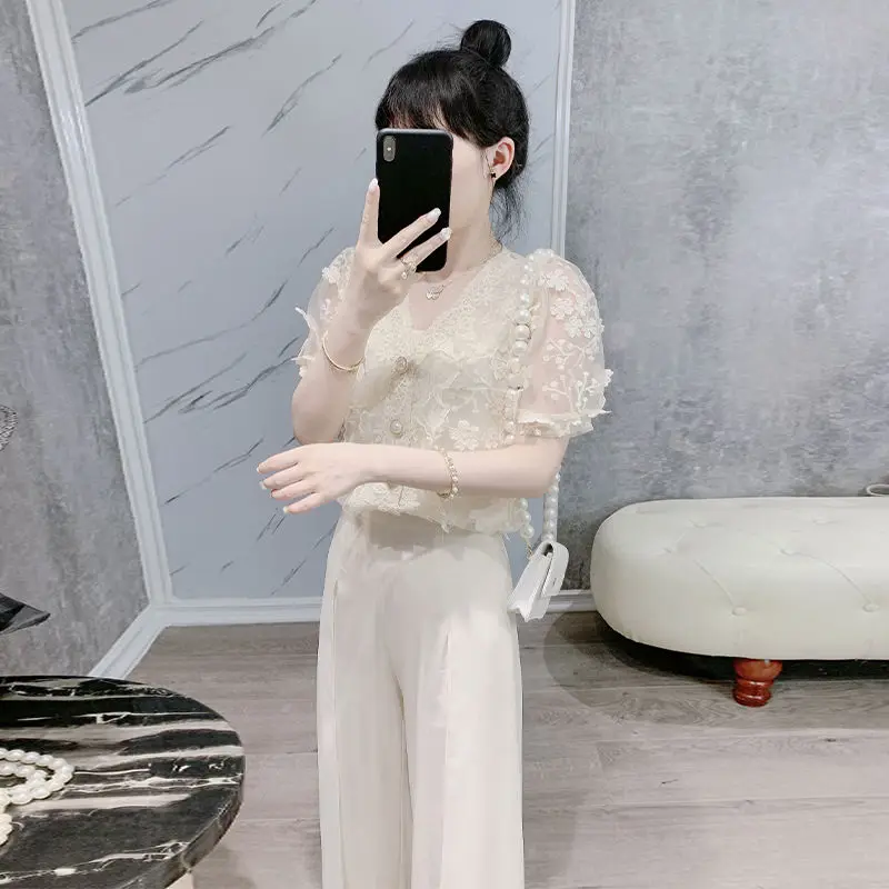 Spring/Summer Temperament Women\'s Set 2024 Korean Edition New Fashion Age Reducing Top Casual Wide Leg Pants Two Piece Set