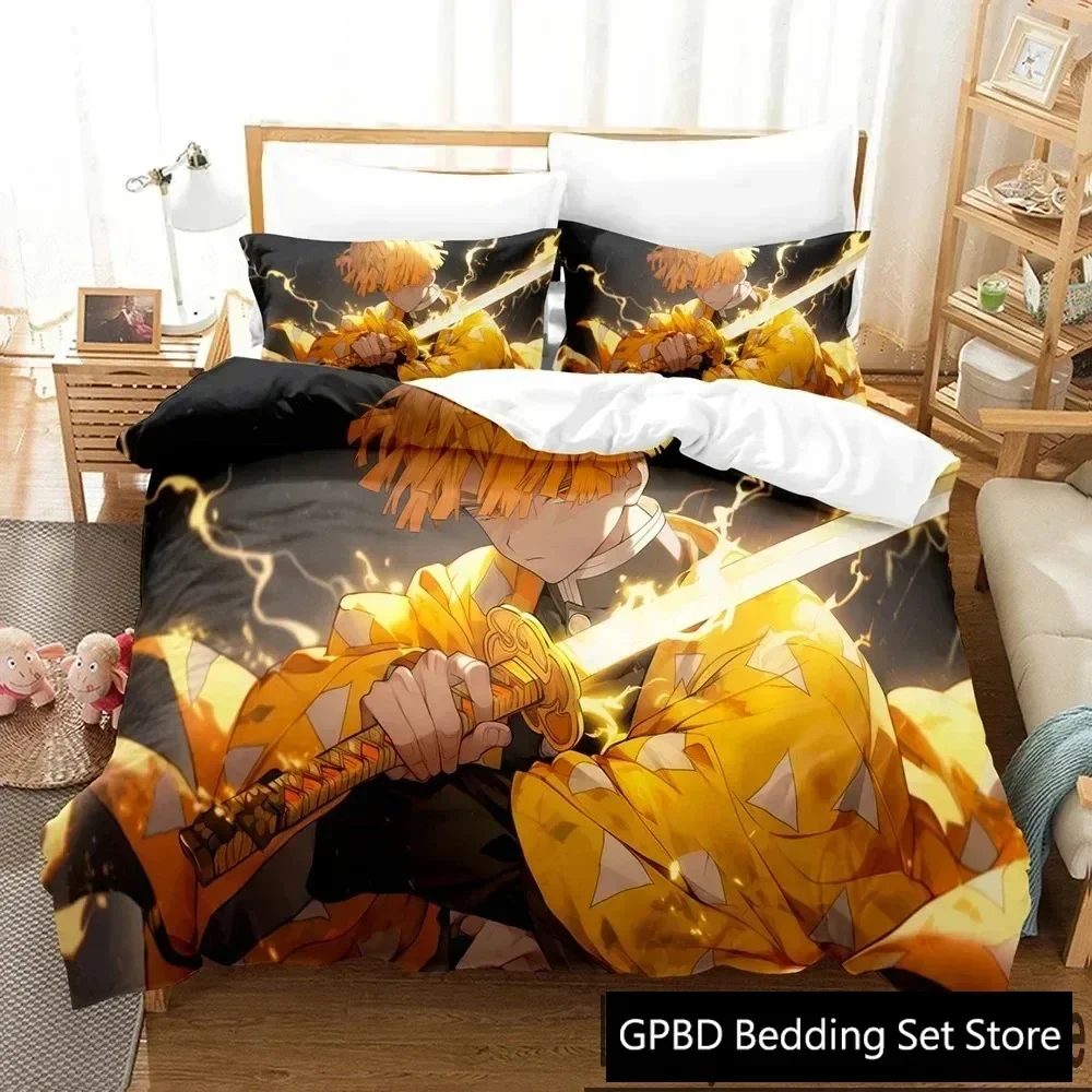 Anime Zenitsu Agatsuma Demon Slayer Bedding Set Single Twin Double Queen King Cal King Size Bed Linen Set