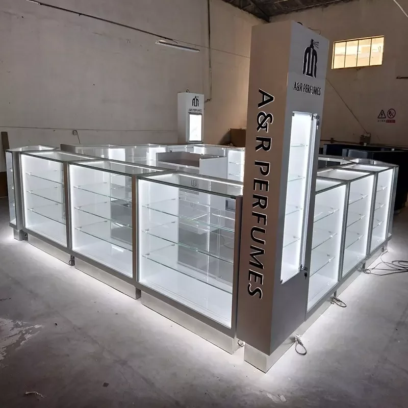 Custom. modern perfume glass display showcase with LED light retail store display cabinet shopping mall perfume kiosk for sale