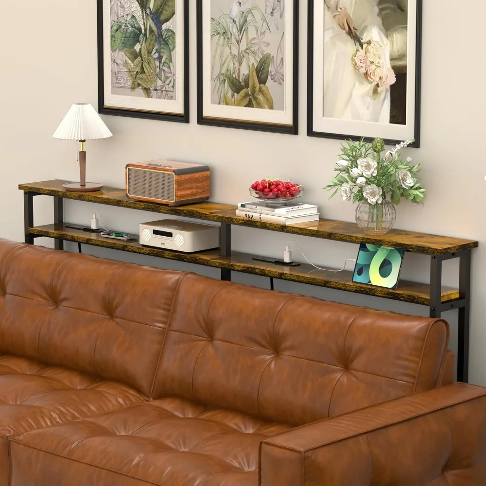 طاولة كونسول للأريكة ثنائية المستوى مقاس 70 بوصة مع طاقة مدمجة وشحن USB، وسلك تمديد متضمن