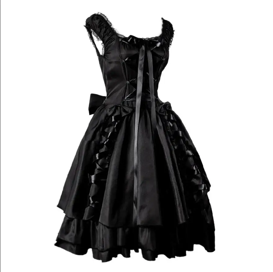 Gothic Duisternis Lolita Kostuum Middeleeuwse Mouwloze Lace Up Prinses Jurk Steampunk Layer Vrouwen Goth Halloween Fancy Outfit