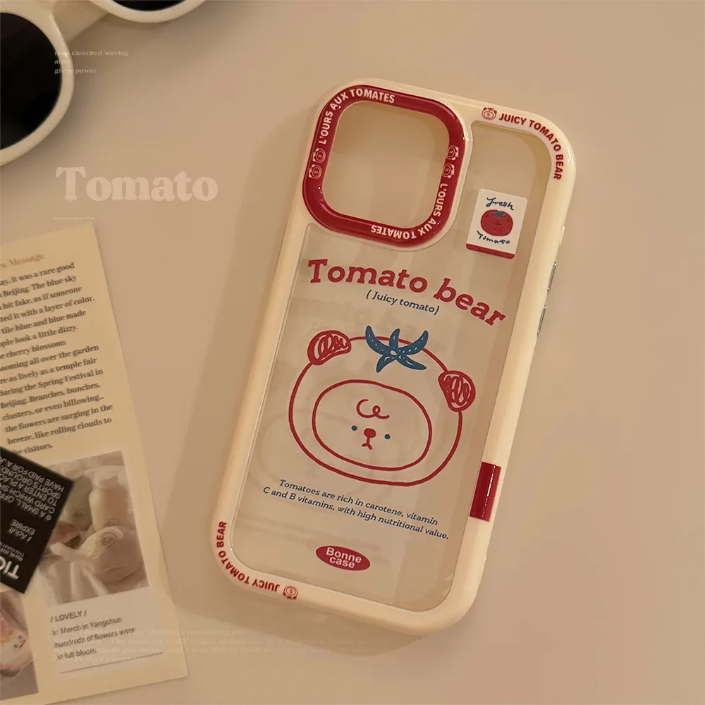 Niedliche Cartoon-Tomatenbär-Handyhülle für iPhone 16, 15, 14, 13, 12, 11, Pro Max X XR XS, Acryl, transparent, stoßfest, schützende Hartschale