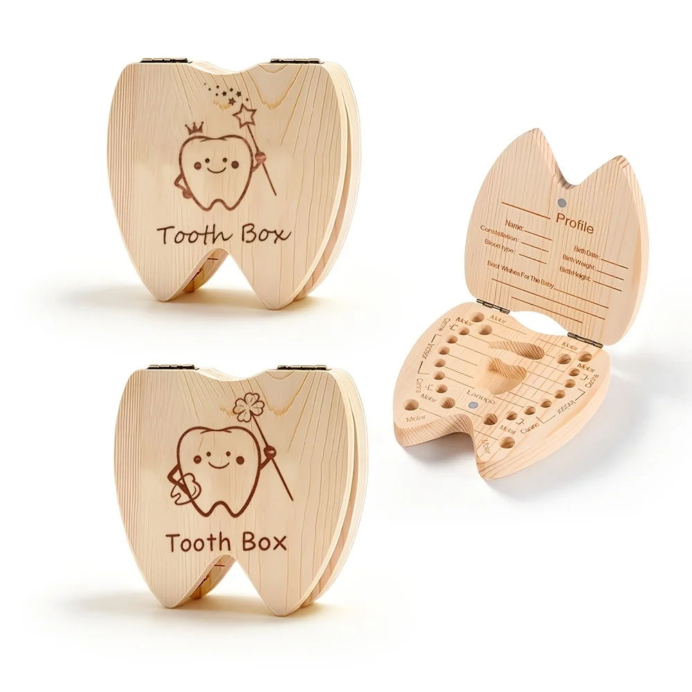 1PCS Tooth-Shaped 2D Wooden Tooth Box Tooth Keepsake Storage Box Teeth Hair Birth Souvenir Birthday Halloween Anniversary Gift