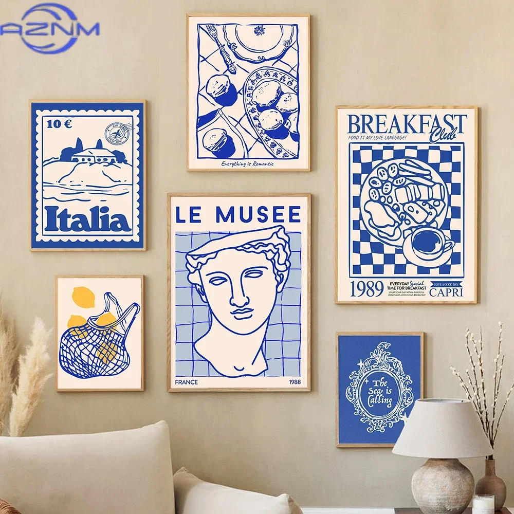 Blue Maximalist Wall Art Coastal Decor Le Musee Prints Italian Summer Retro Breakfast Food Drink Canvas Posters Murals