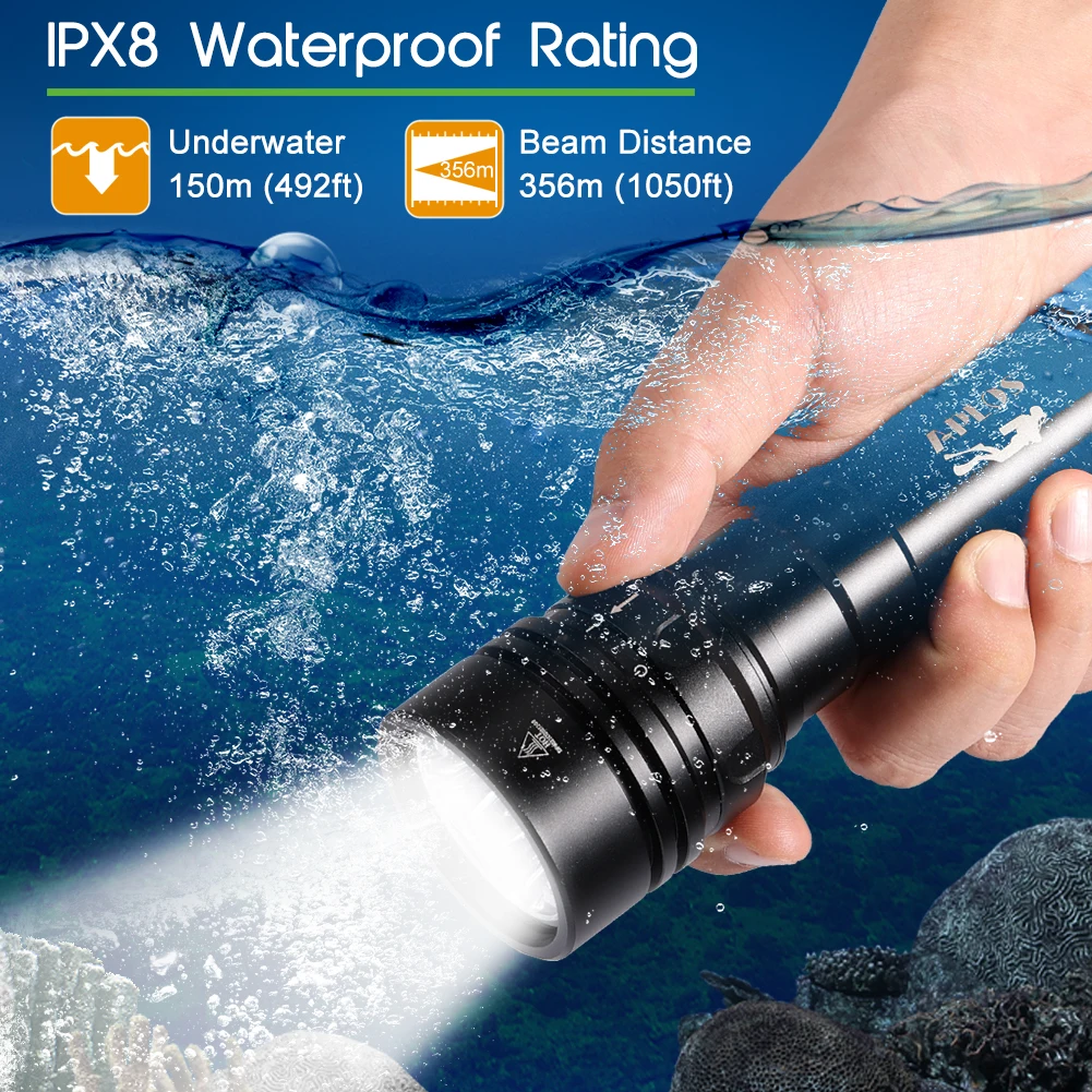 APLOS AP150 Scuba Diving Super Bright Double 26650 Battery 15000lm IPX8 Waterproof Underwater Dive LED Light 4*XHP50.2 4 Modes