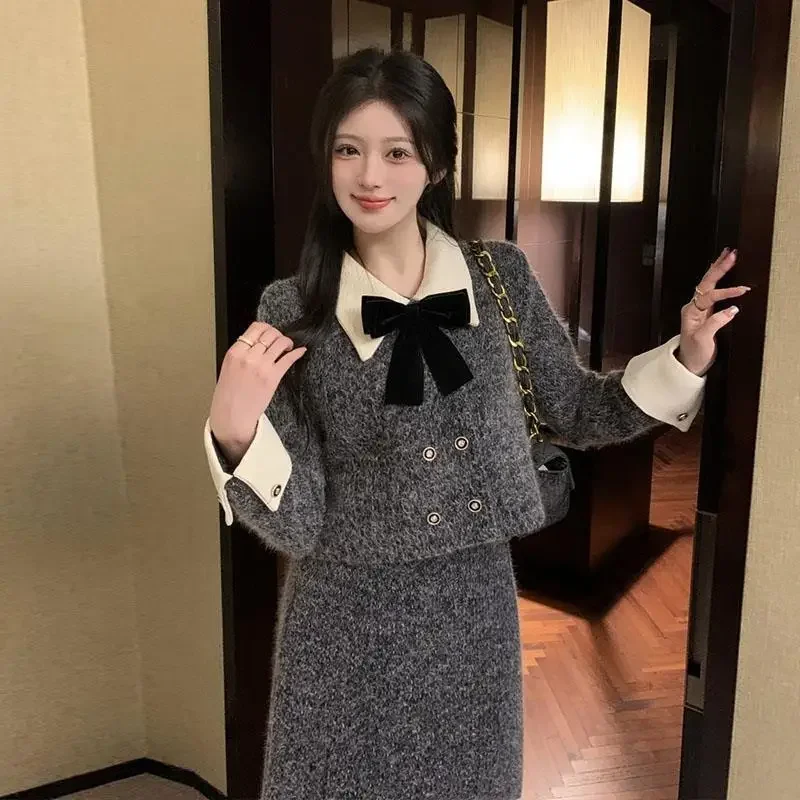 Insozkdg Skirt Suits 2024 New Autumn-Winter Korean-style Ensemble High-end Butterfly Knot Woolen Outerwear + Skirt Two-Piece Set